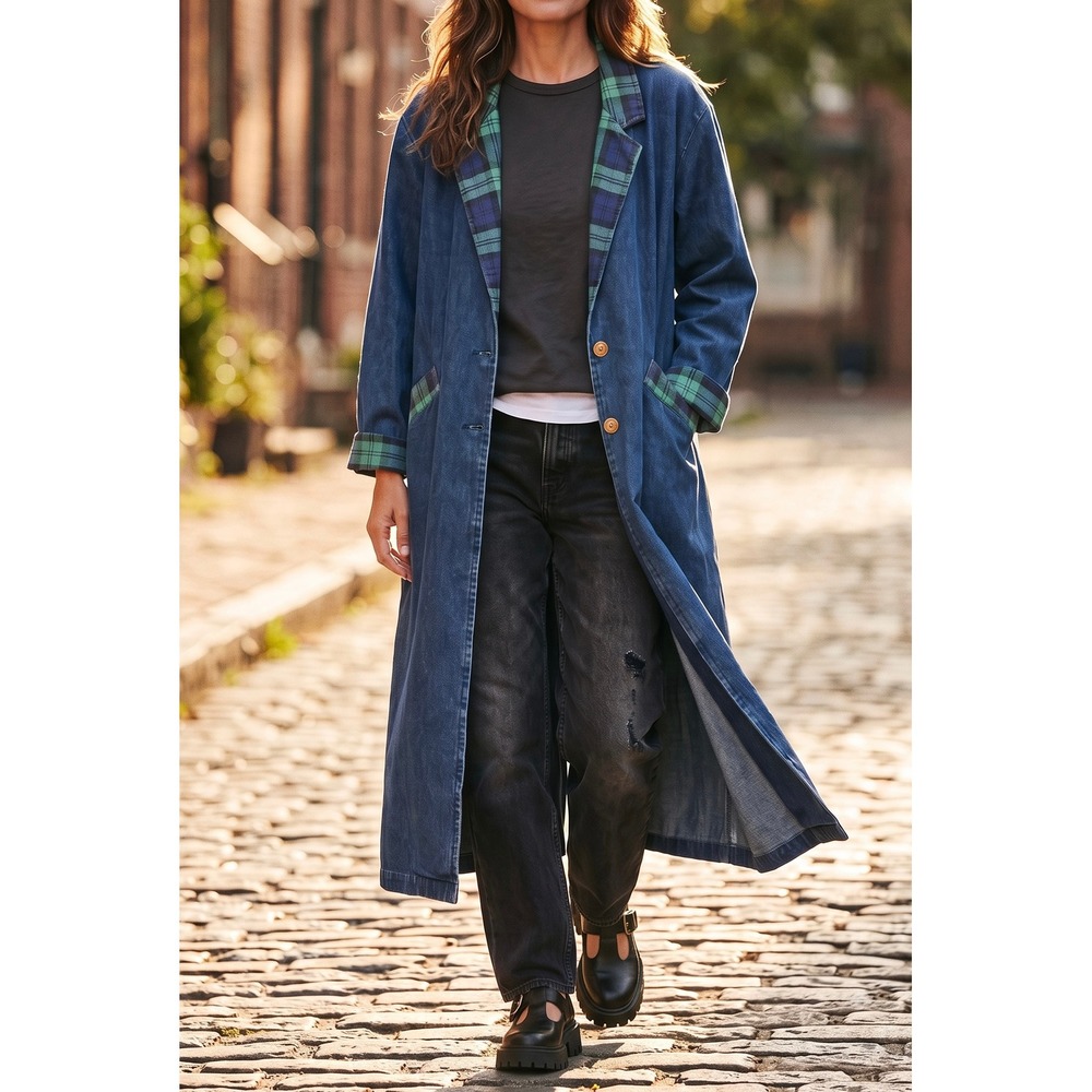 Vintage 90s Denim Duster Jacket Medium ID Blues Plaid Trim Long Jean Trench Coat